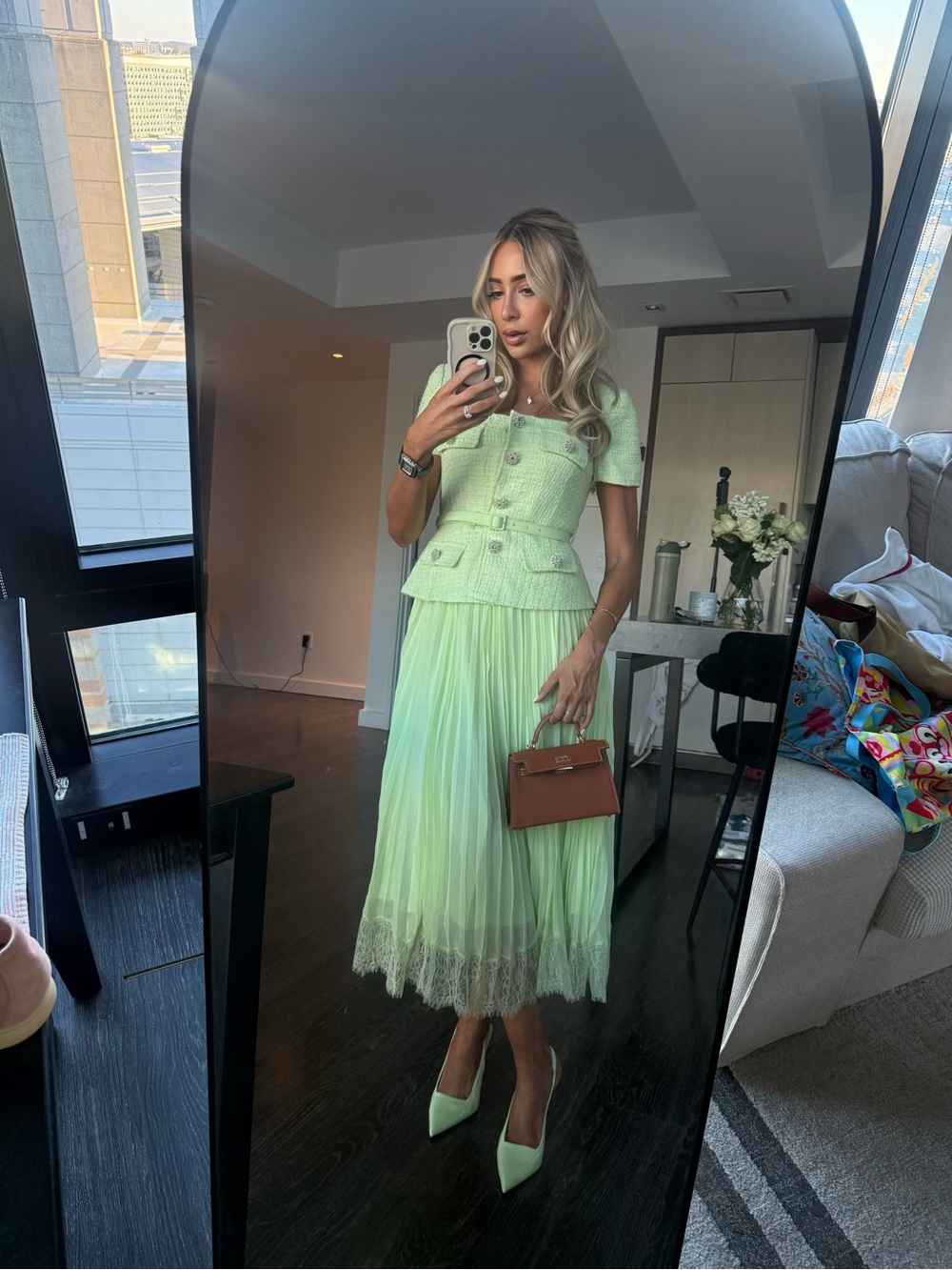 Self-Portrait Lime Belted embellished boucle and lace-trimmed chiffon midi dress